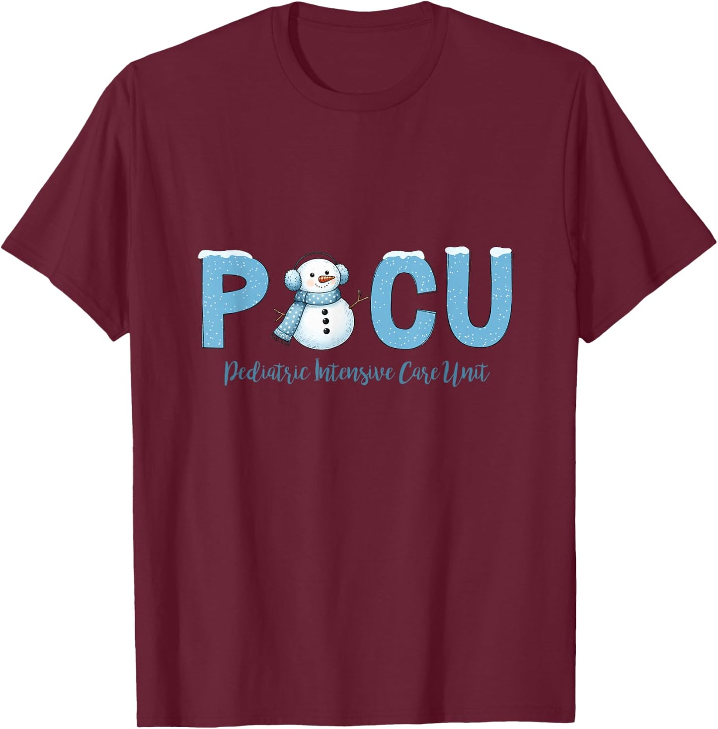Retro Pediatric Intensive Care Unit Crew Snowman Christmas T-Shirt - T-Shirt | Maroon