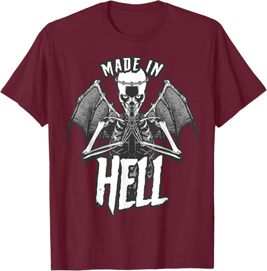 Made In Hell Angel Of Death With Wings Goth Skull T-Shirt - T-Shirt | Maroon