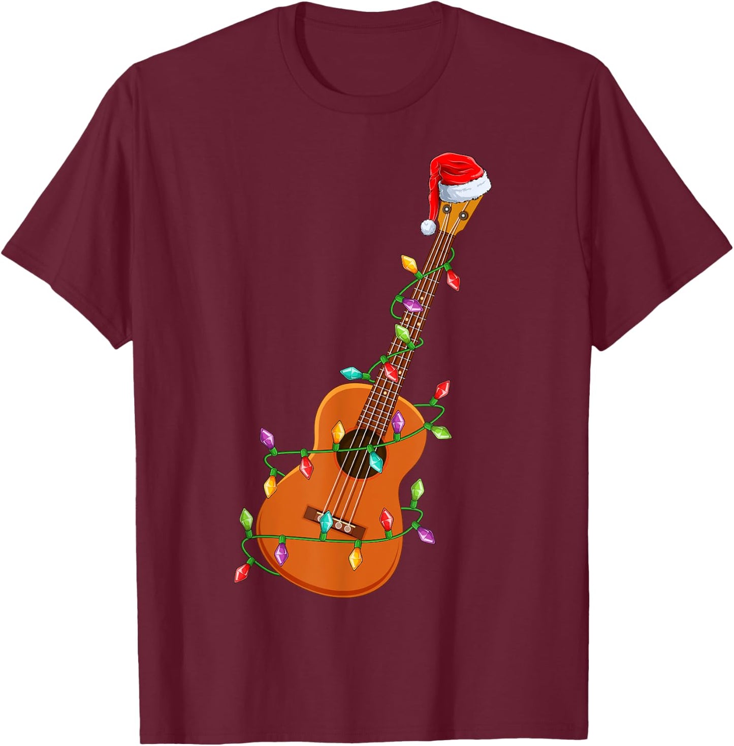 Xmas Lights Santa Hat Musical Ukulele Guitar Christmas T-Shirt - T-Shirt | Maroon