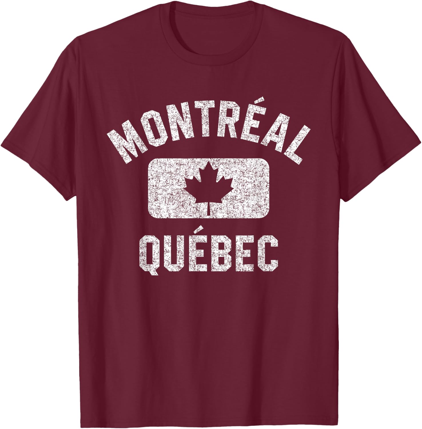 Montreal Quebec Gym Style Leaf Red w Distressed White Print T-Shirt - T-Shirt | Maroon