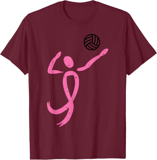 Volleyball Player Pink Ribbon Breast Cancer Awareness Gift T-Shirt - T-Shirt | Maroon