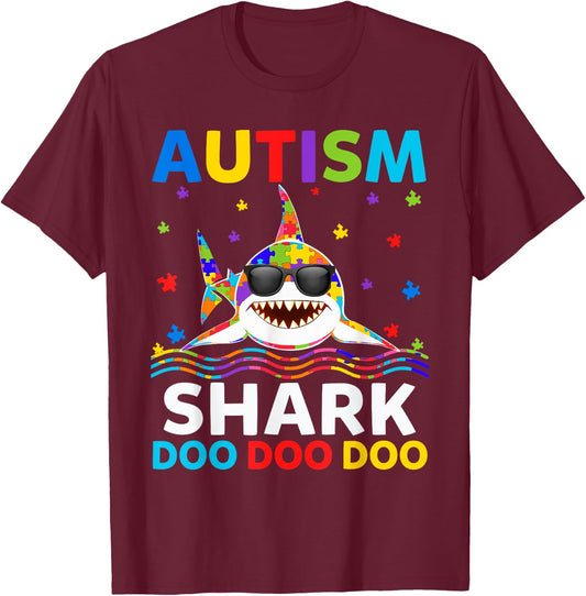 Funny Autism Shark Puzzle Awareness Day Cute For Boys Girls T-Shirt - T-Shirt | Maroon