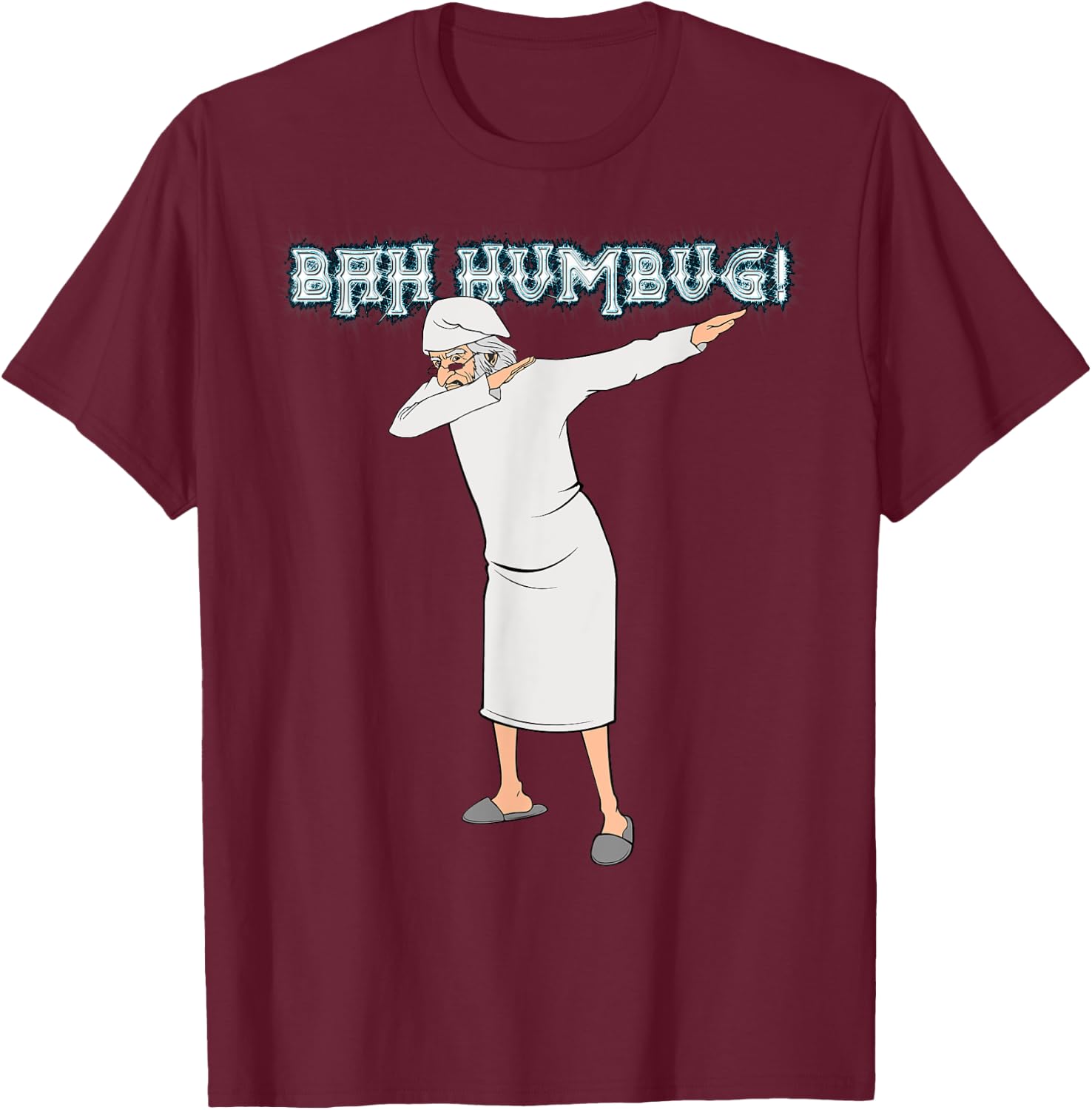 Charles Dickens Literature Gifts -Adults Black Cotton Short Sleeve Classic Fit Fun Christmas Carol Dabbing Scrooge Nightgown Bah Humbug T-Shirt - T-Shirt | Maroon