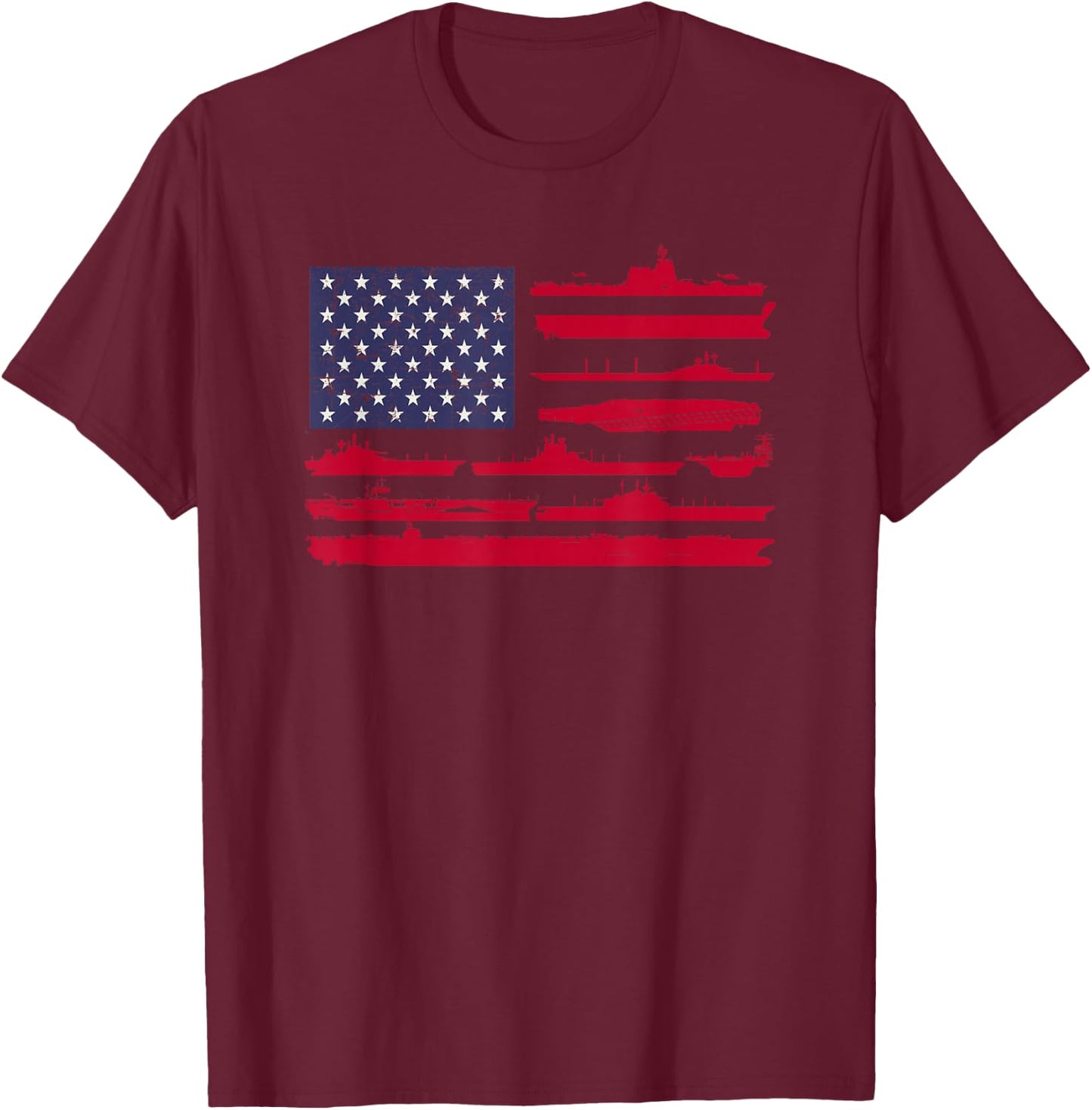 American Flag and Naval Ships - Patriotic Military Shirt T-Shirt - T-Shirt | Maroon