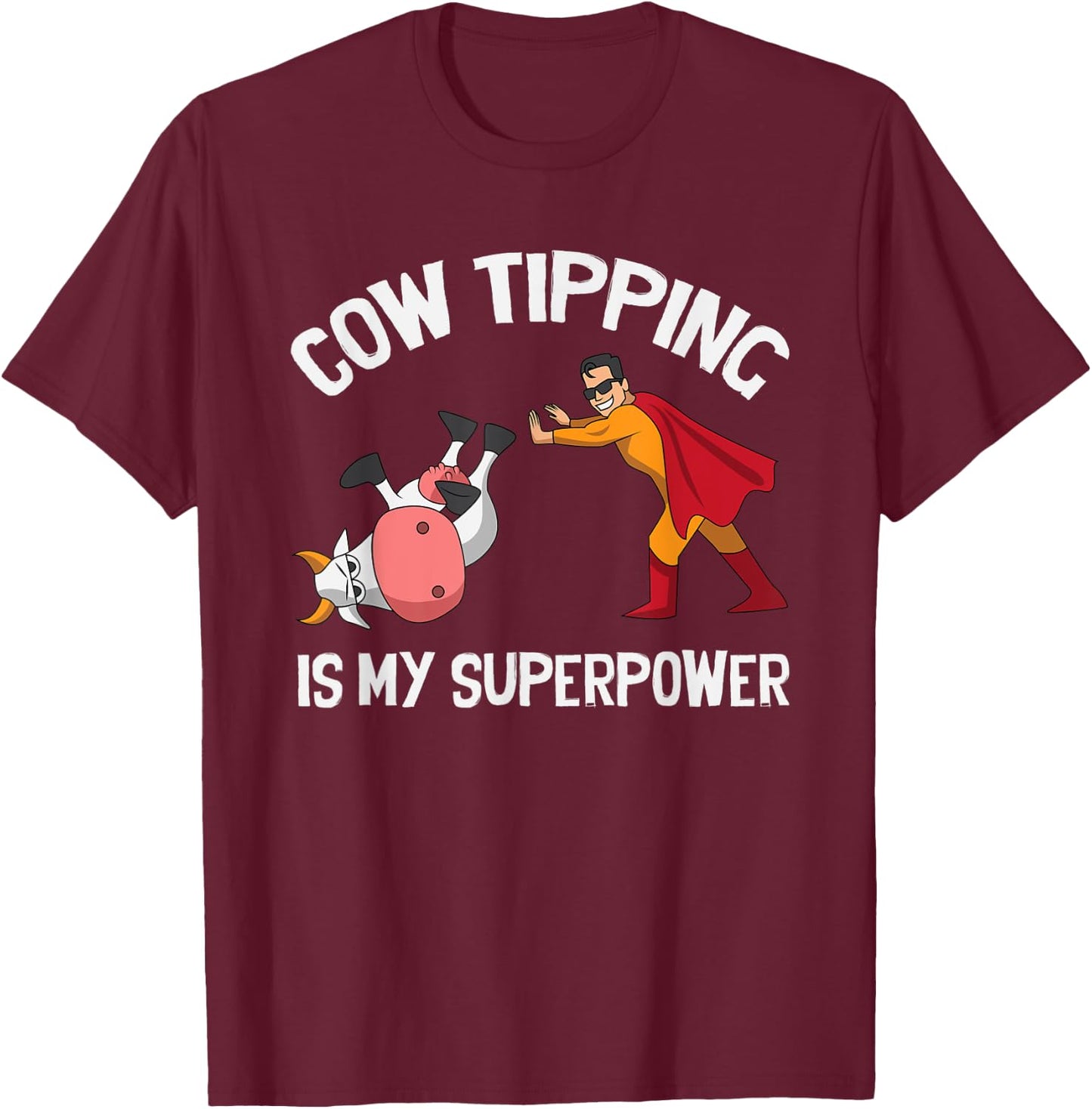 Funny Cow Tipping Redneck Super Hero Humor Country Farm Boy T-Shirt - T-Shirt | Maroon