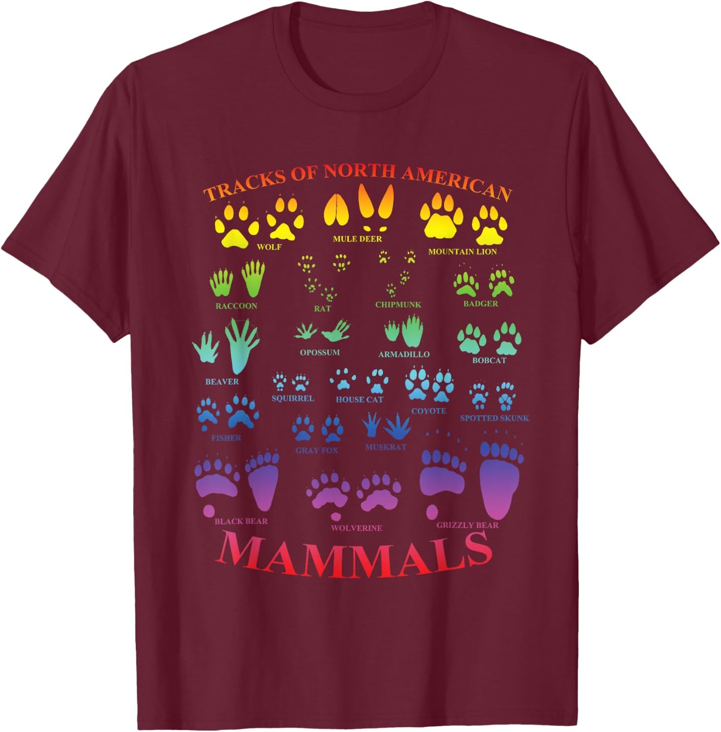 Beartracker Wildlife Tracks of North American Mammals T-Shirt - T-Shirt | Maroon