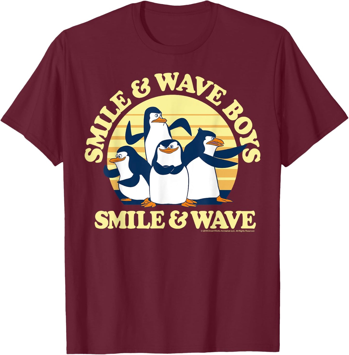 Madagascar Penguins Smile And Wave Sunset Text Poster T-Shirt - T-Shirt | Maroon