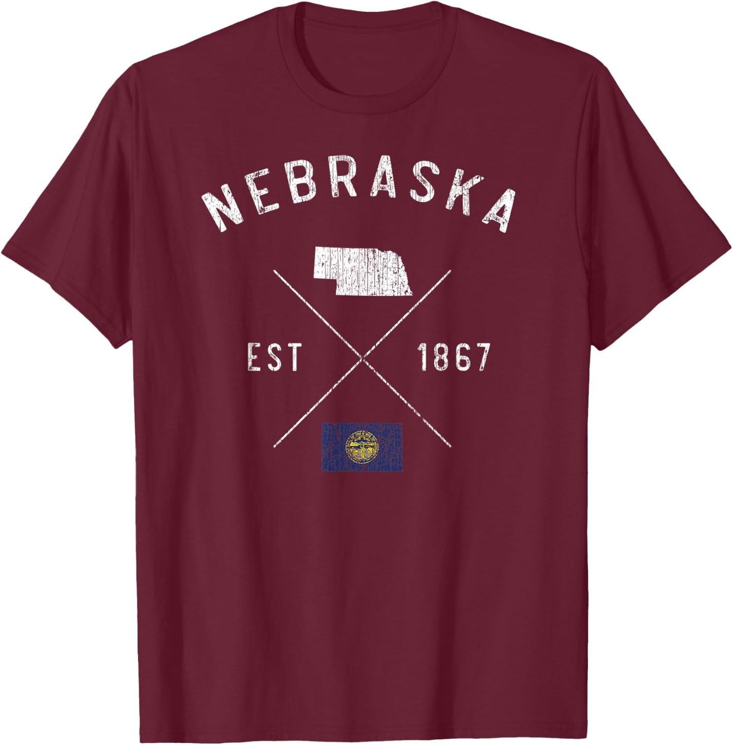Nebraska State Flag and Year Vintage Distressed. T-Shirt - T-Shirt | Maroon