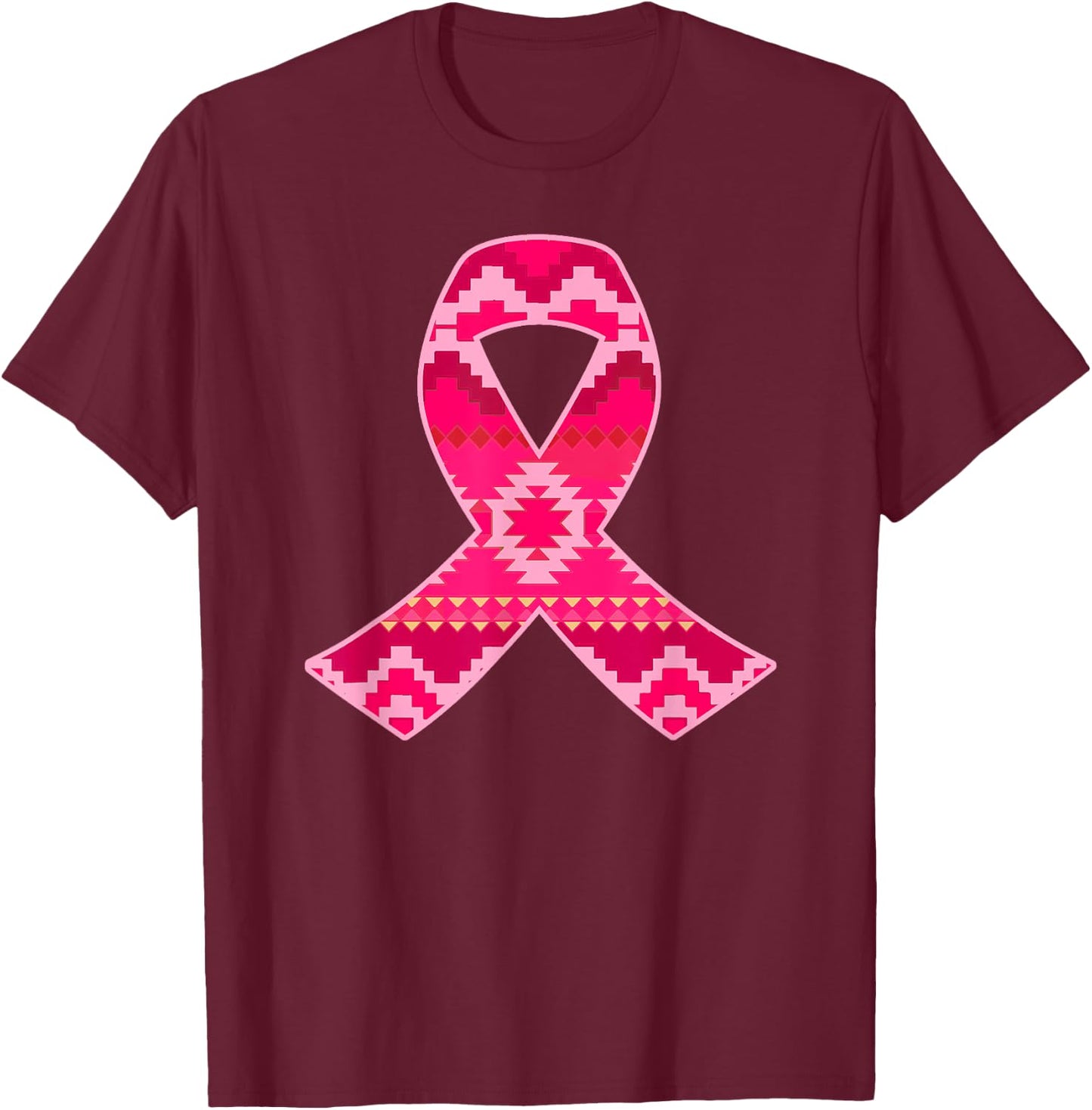 Pink Geometric Aztec Pattern Breast Cancer Awareness Ribbon T-Shirt - T-Shirt | Maroon
