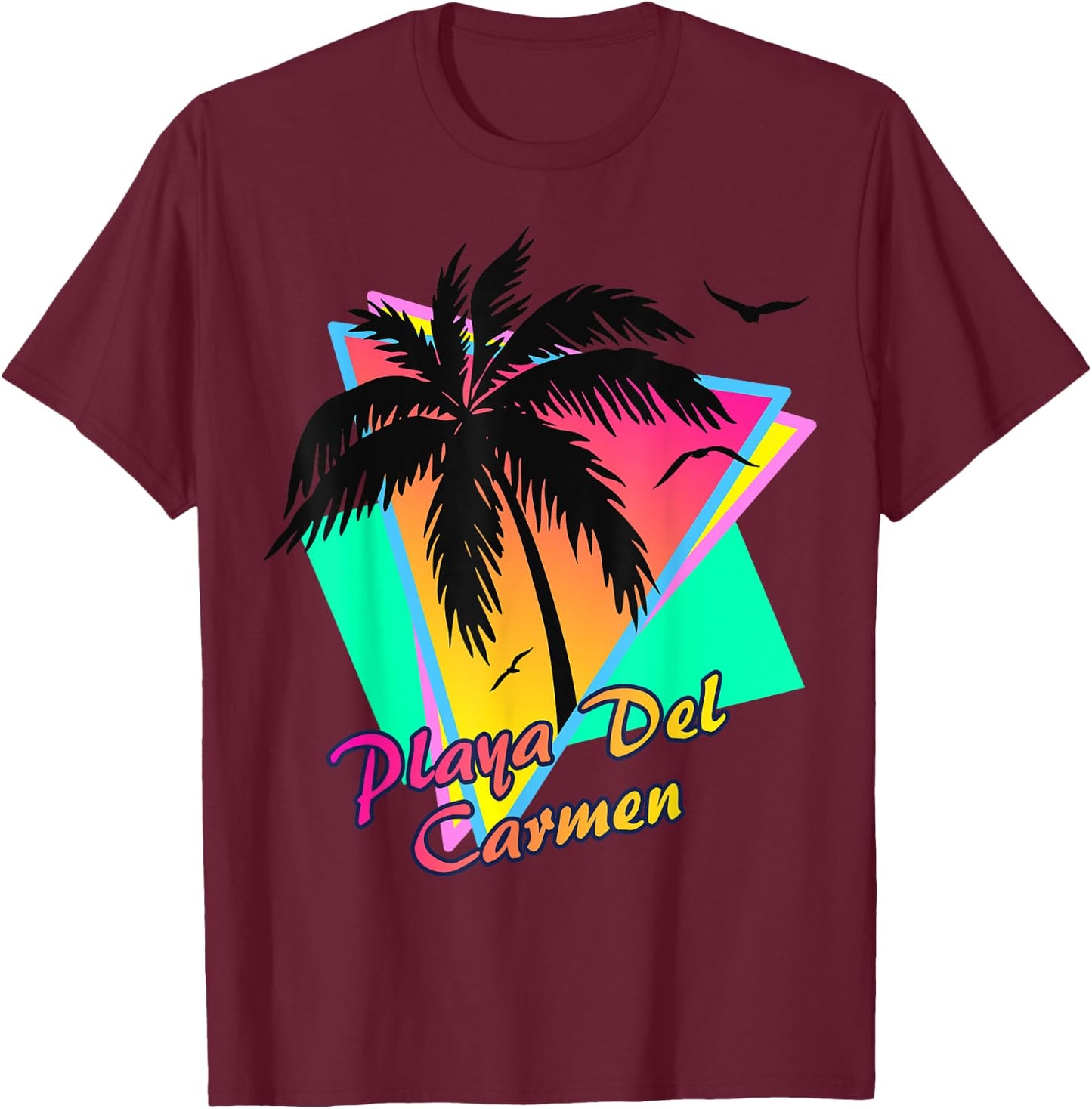 Playa Del Carmen 80s Tropical Summer And Beach Palm Sunset T-Shirt - T-Shirt | Maroon