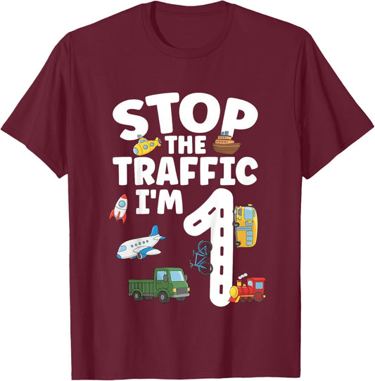 1st Transportation Birthday 1 Year Old Vehicle Birthday T-Shirt - T-Shirt | Maroon