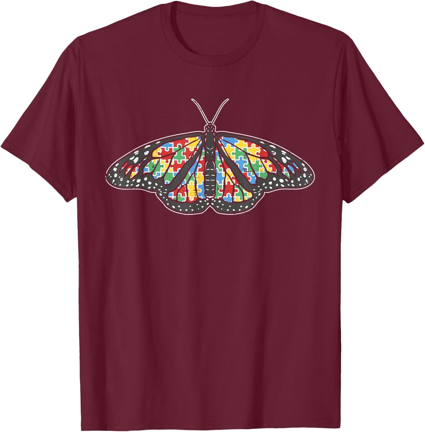Monarch Butterfly Puzzle Shirt Autism Awareness Support Gift T-Shirt - T-Shirt | Maroon