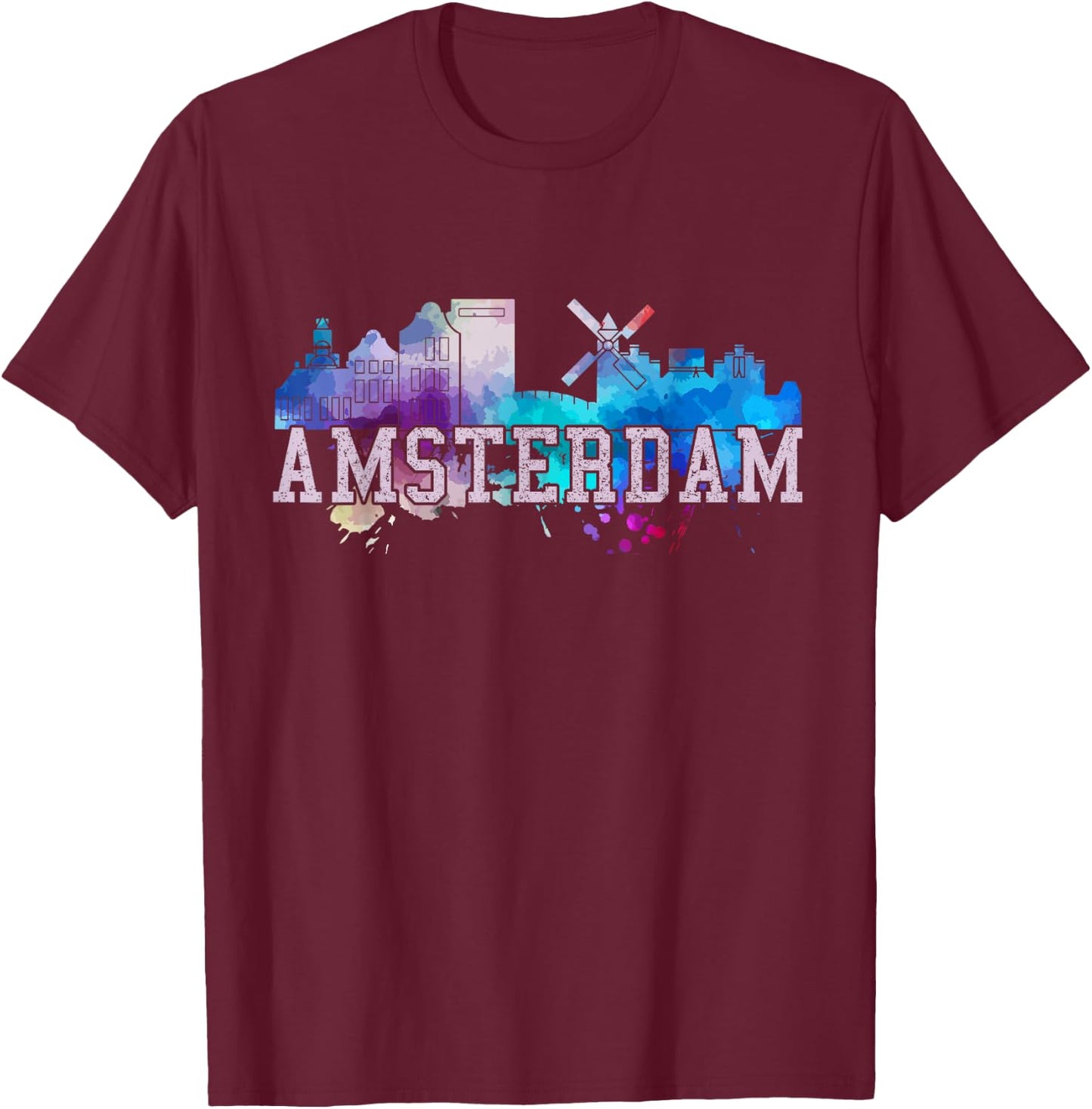 Amsterdam - Watercolor Art Skyline Netherlands Gift T-Shirt - T-Shirt | Maroon