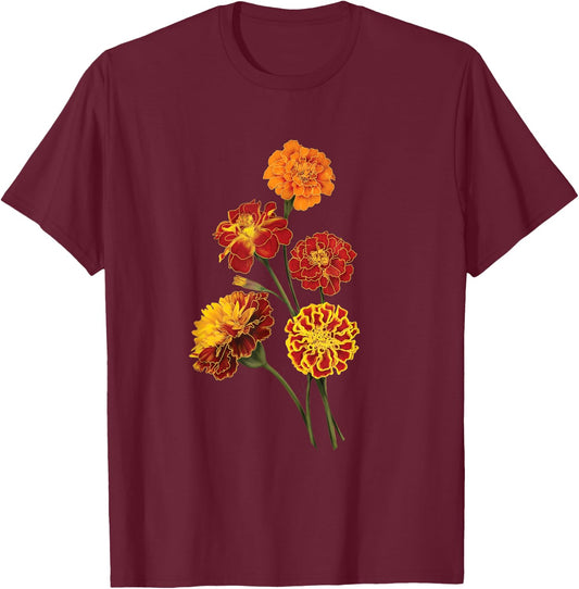 Marigold Flowers, Floral Design T-Shirt - T-Shirt | Maroon
