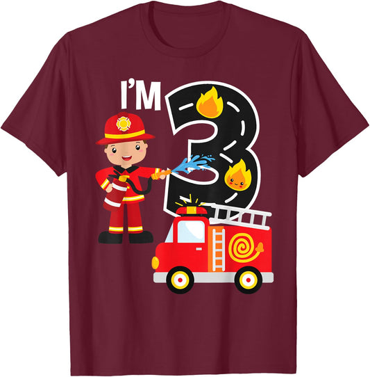 Fire Truck Fireman 3 Year Old I'm 3rd Birthday Party T-Shirt - T-Shirt | Maroon