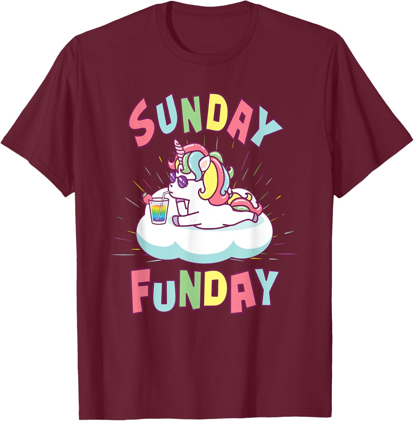 Sunday Funday Shirts Women Cute Unicorn Drinking Rainbow T-Shirt - T-Shirt | Maroon