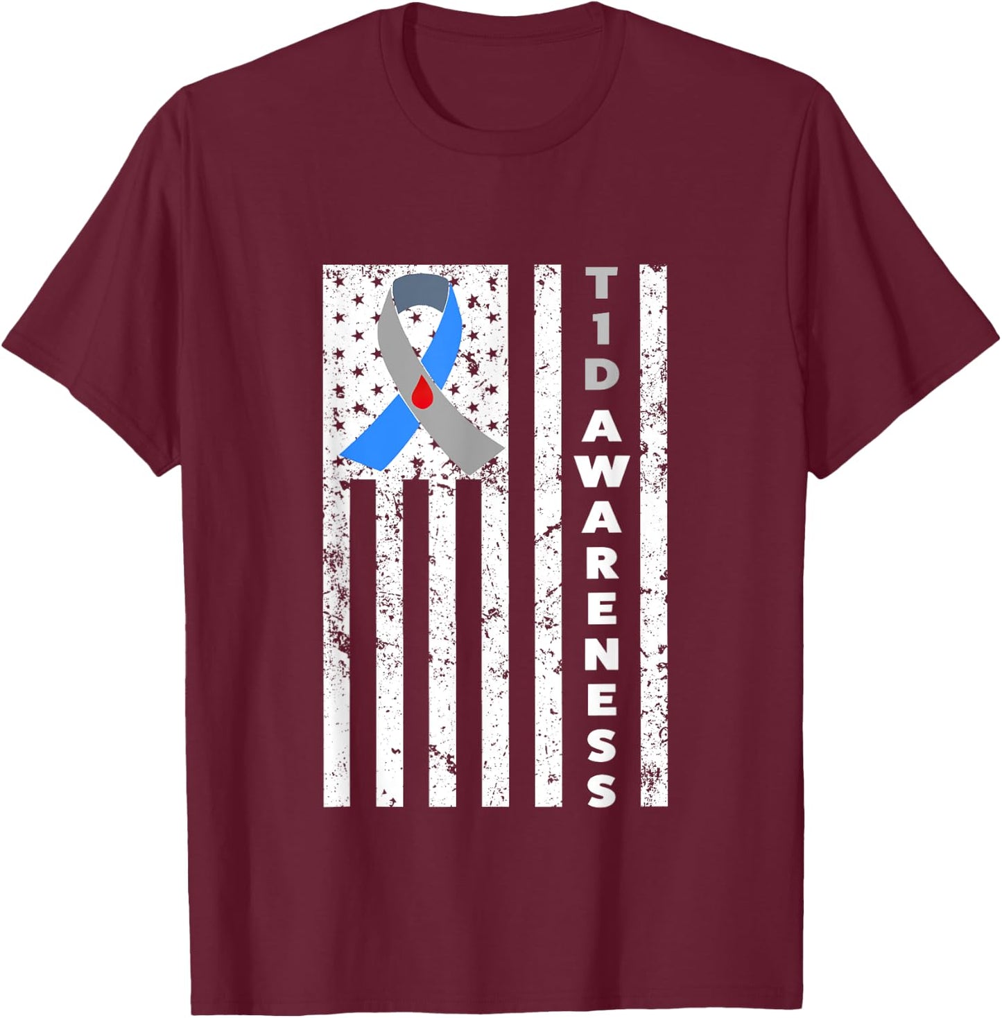 Type 1 Diabetes T1D Awareness Support Ribbon shirt T-Shirt - T-Shirt | Maroon