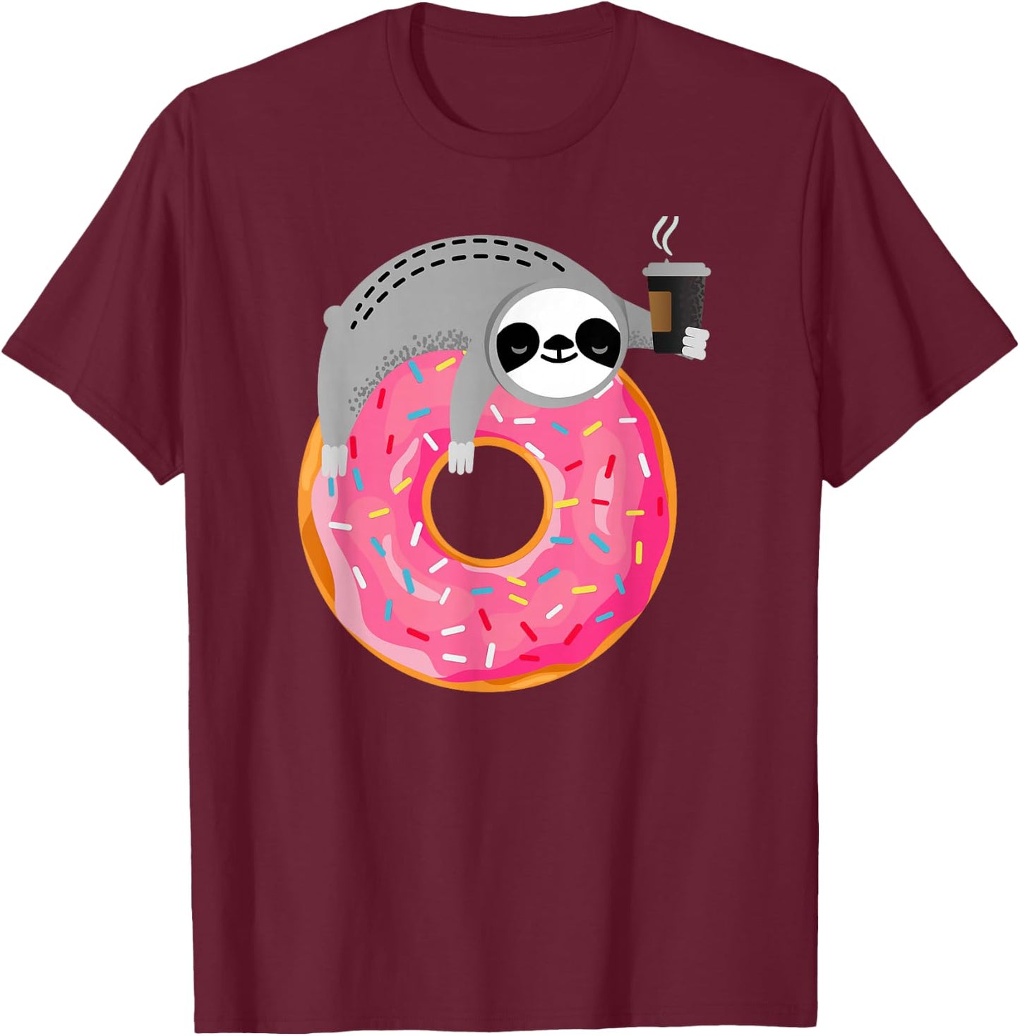 Sloth On Donut With Cup Of Steaming Coffee T-Shirt - T-Shirt | Maroon