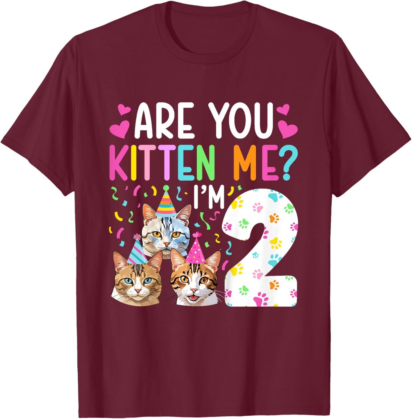 Kids 2nd Cat Birthday Party 2 Year Old Girl Kitten Birthday T-Shirt - T-Shirt | Maroon