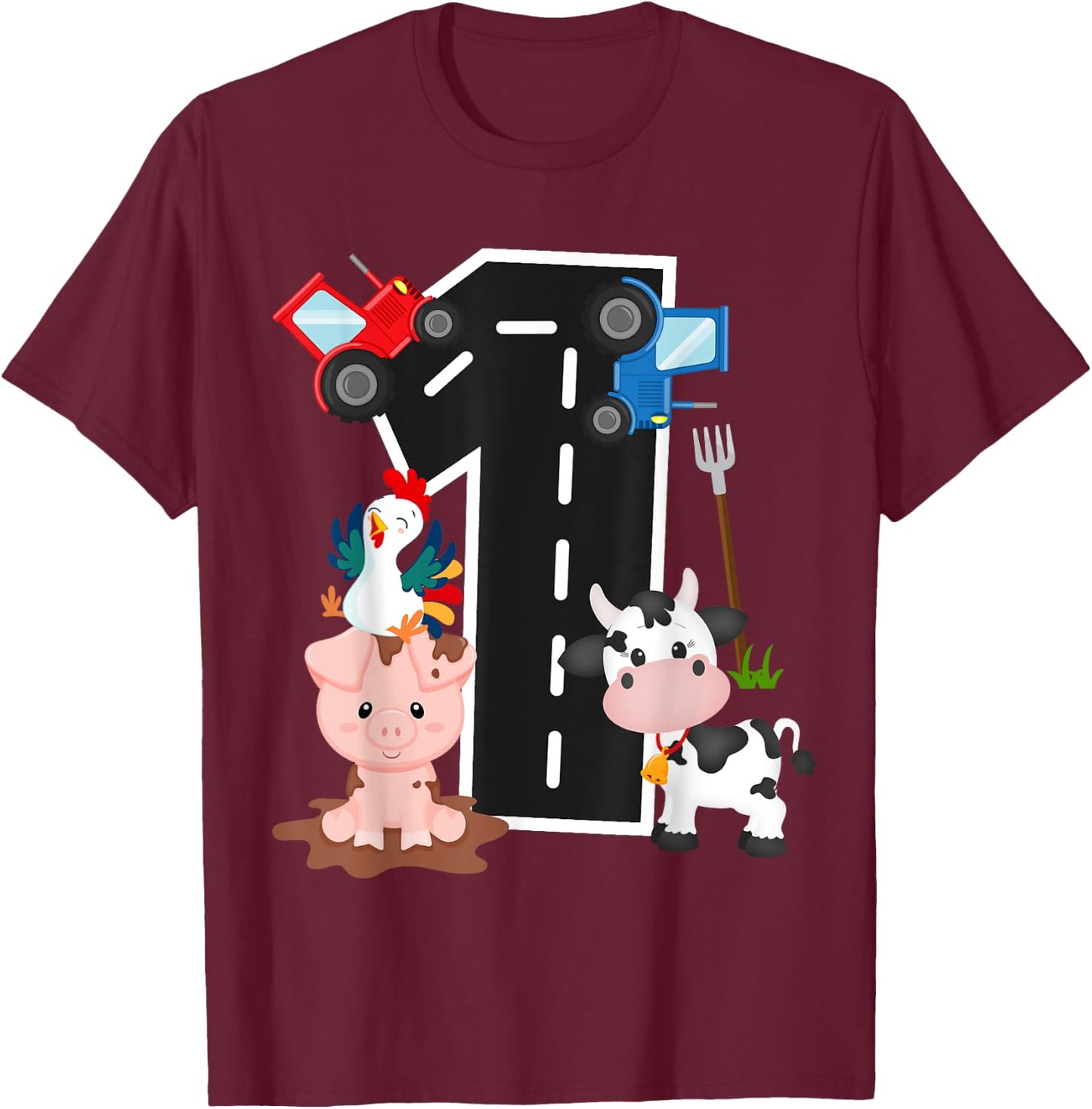 Tractor Farm Animals Number 1 1st Birthday Farm Barnyard T-Shirt - T-Shirt | Maroon