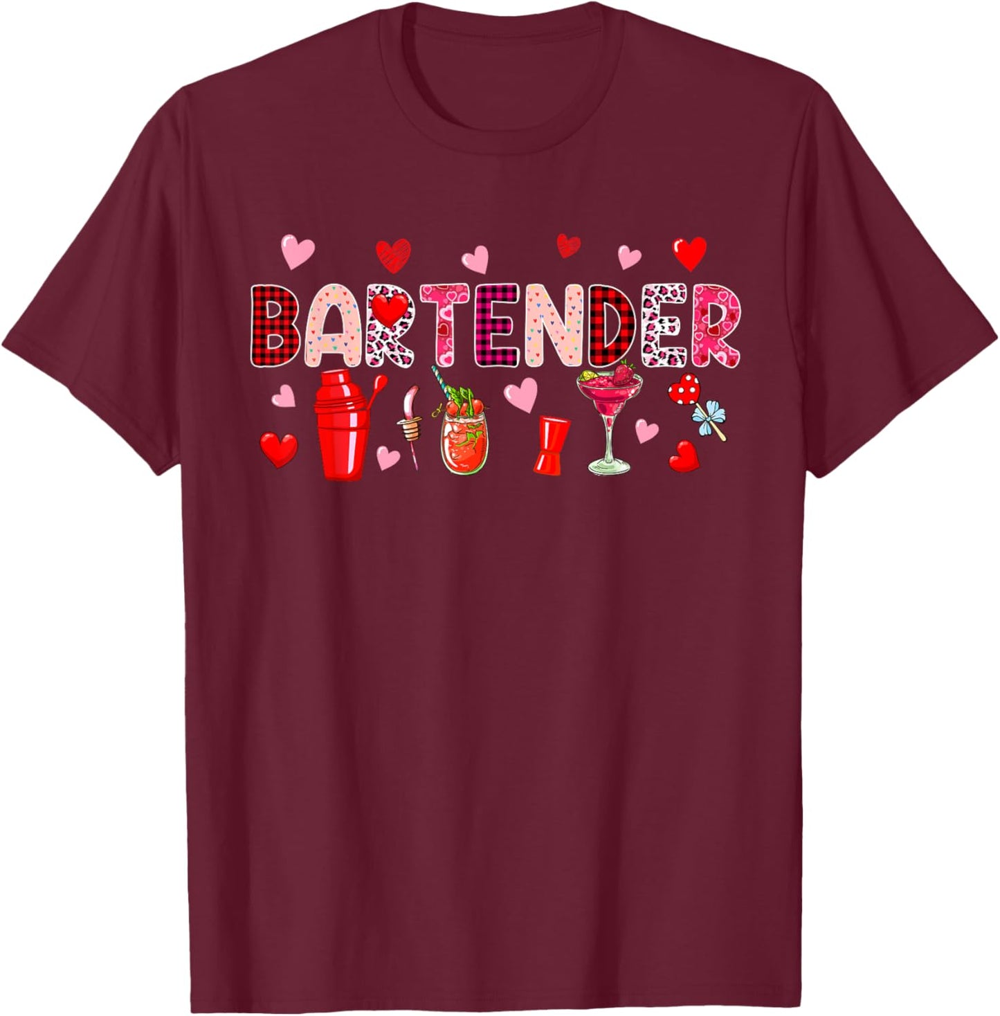Bartender Tools Valentine's Day Leopard Job Team Cute Hearts T-Shirt - T-Shirt | Maroon