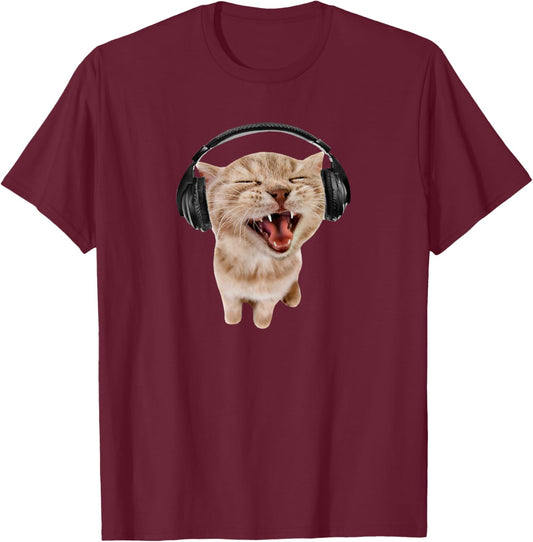 Cat With Headphones Meme Men Women Girls Kids T-Shirt - T-Shirt | Maroon