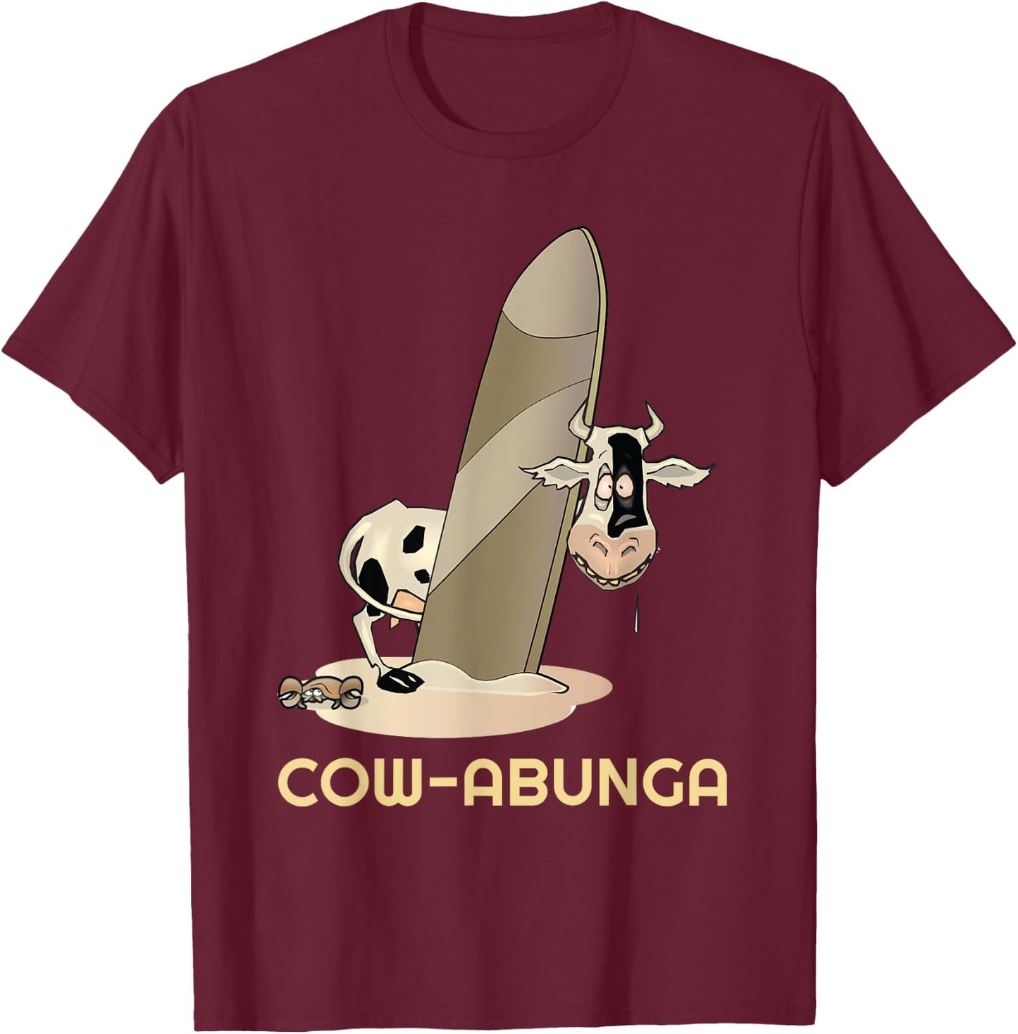 Funny Cow Shirt Cow-abunga surfing cow on beach surfboard Men Women Kids T-Shirt - T-Shirt | Maroon