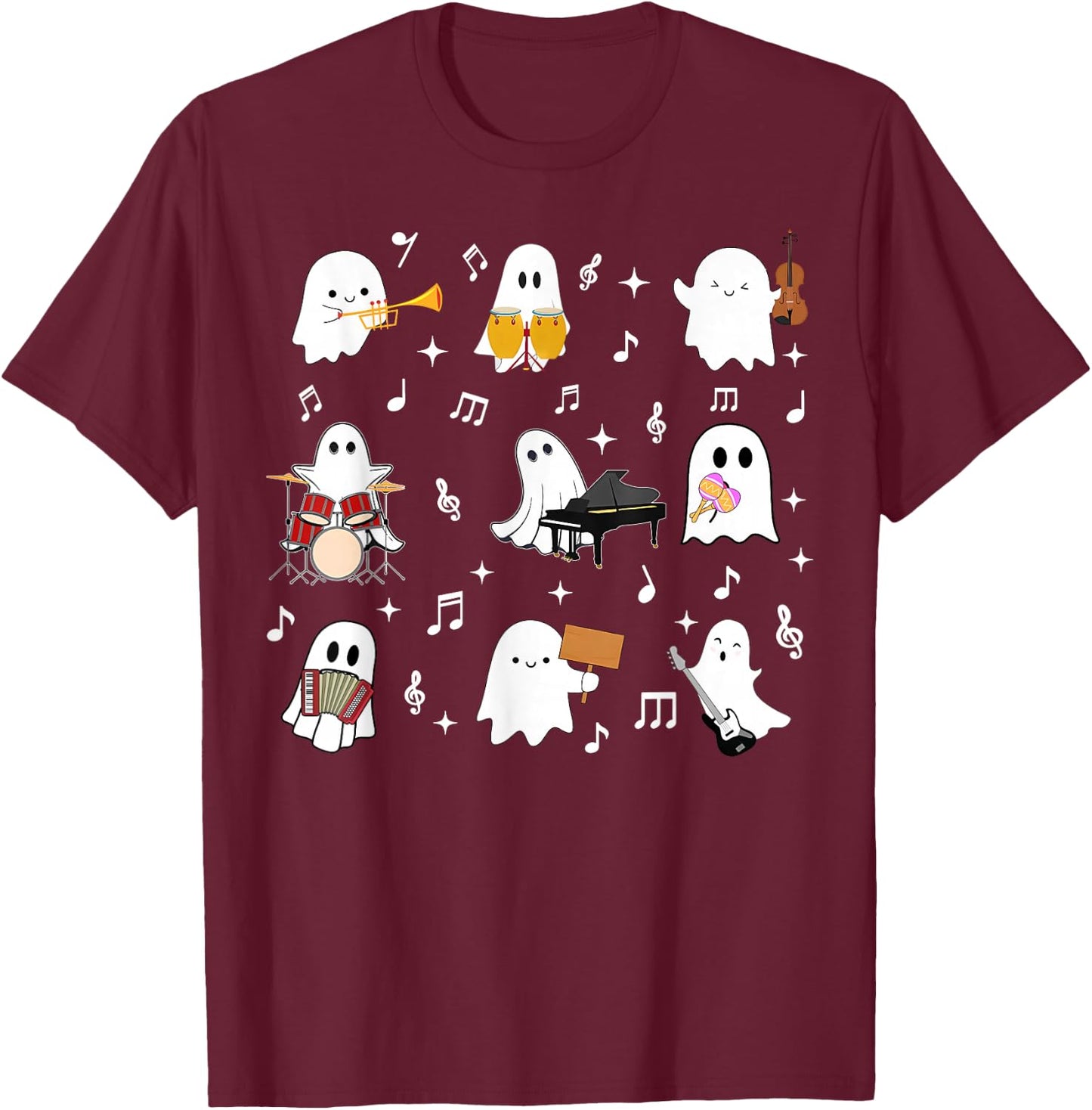 Halloween Music Teacher Ghost Playing Musical Instruments T-Shirt - T-Shirt | Maroon