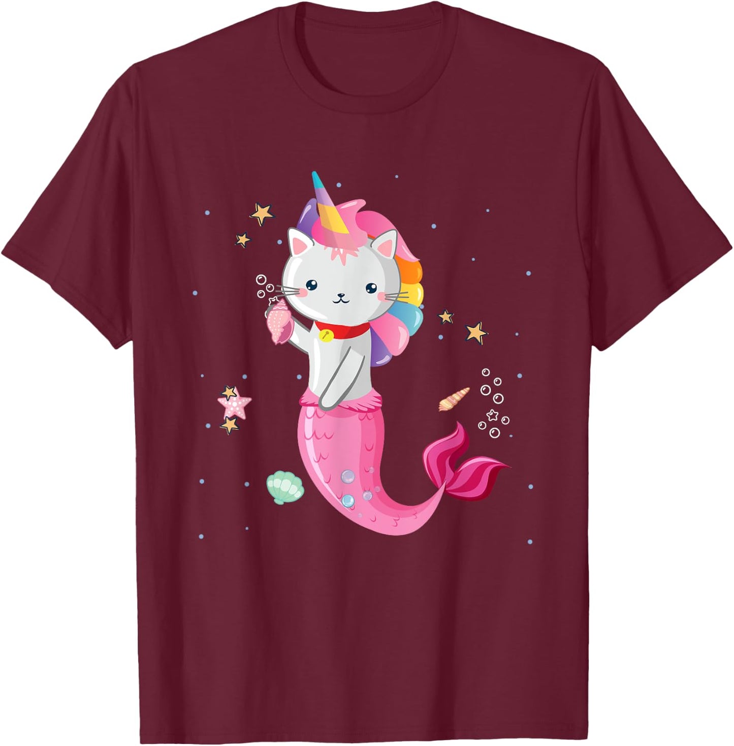 Cat Mermaid Unicorn Girl Kids T-Shirt - T-Shirt | Maroon