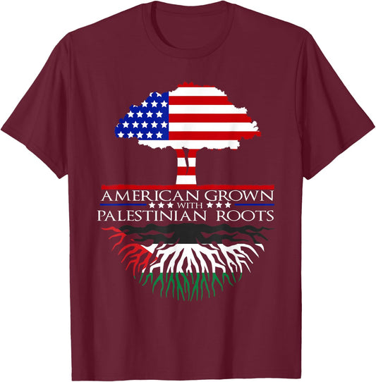 Palestinian Roots American Grown Tree Flag USA Palestine T-Shirt - T-Shirt | Maroon