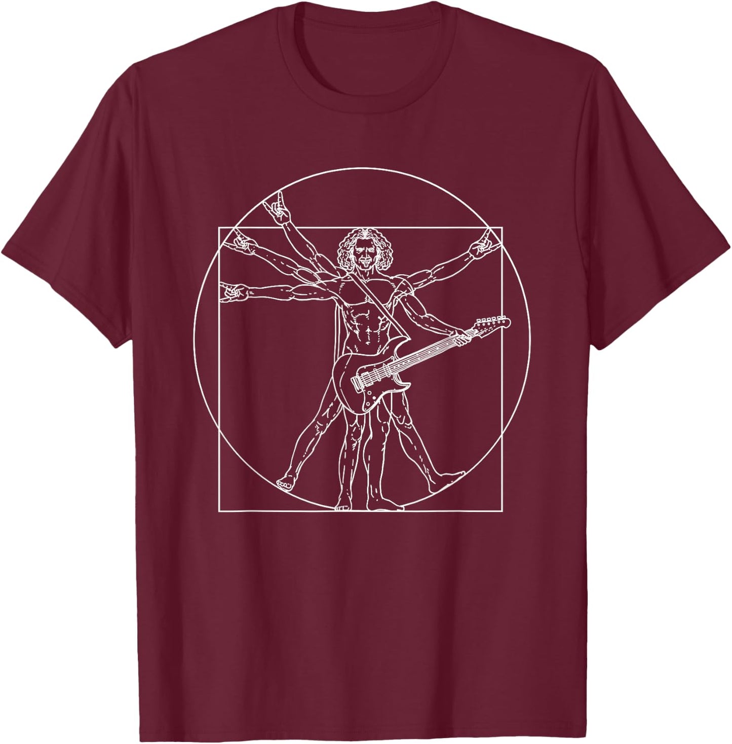 Wowsome! -Adults Black Electric Guitar Vitruvian Man T-Shirt - T-Shirt | Maroon