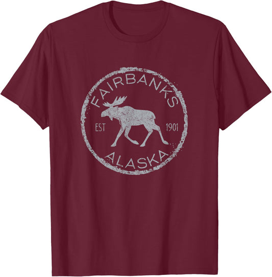 Fairbanks Alaska Moose Vintage Retro Weathered Design T-Shirt - T-Shirt | Maroon