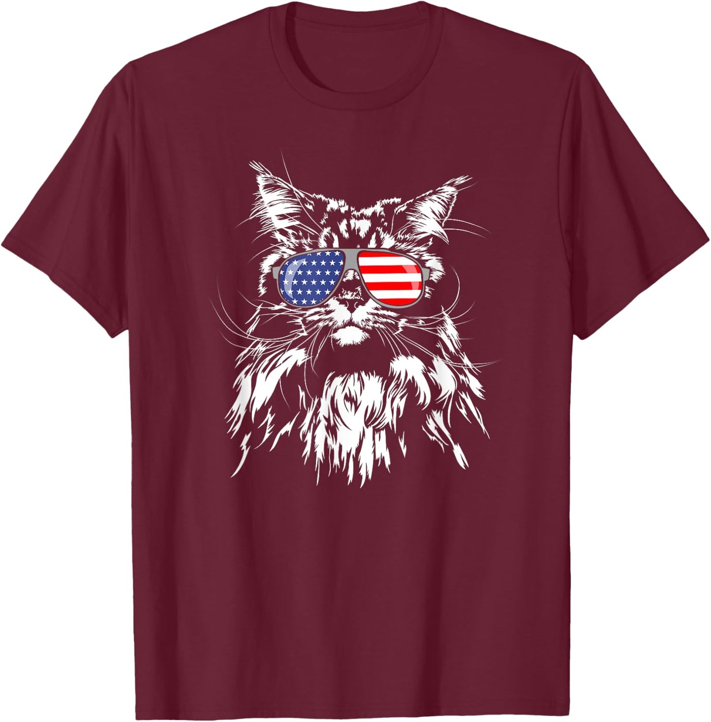 Funny Proud Maine Coon American Flag cat Shirt T-Shirt - T-Shirt | Maroon