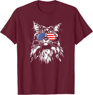 Funny Proud Maine Coon American Flag cat Shirt T-Shirt - T-Shirt | Maroon