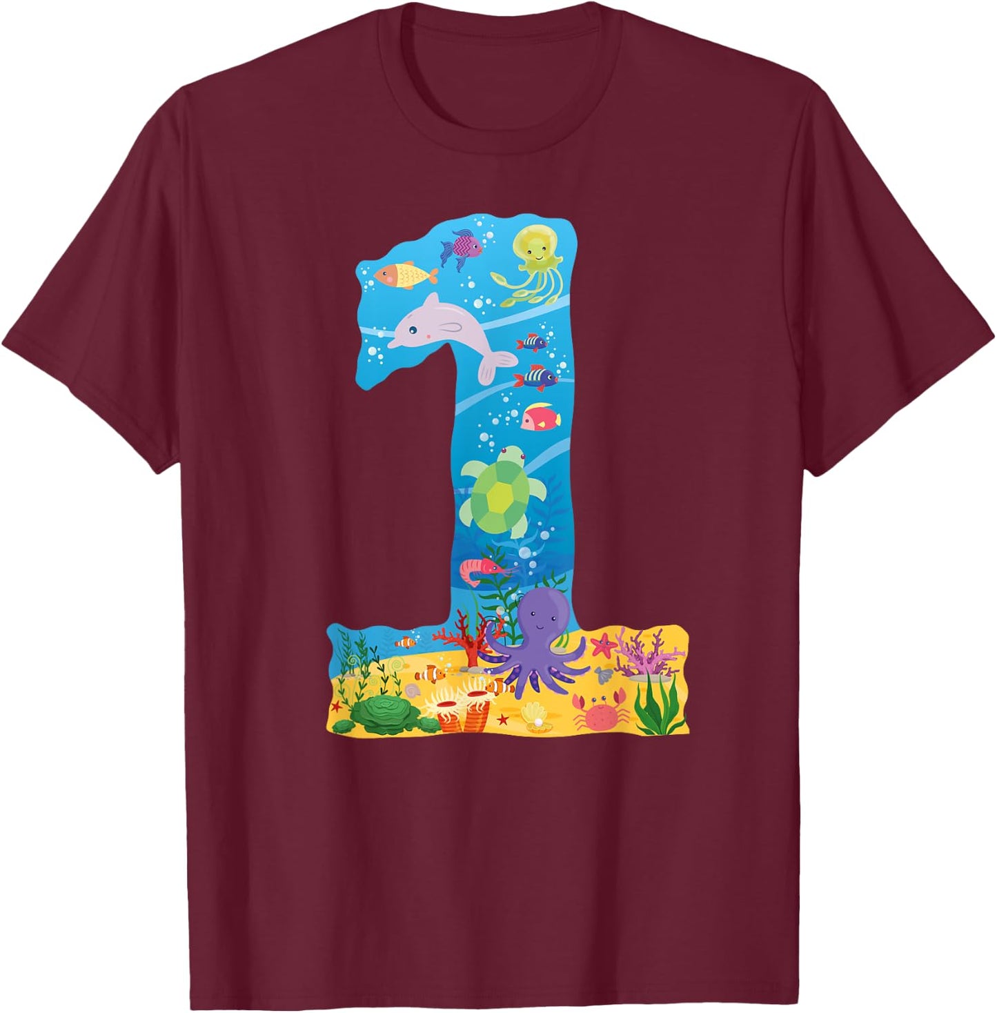 Under the Sea CARTOON Fish Starfish First number 1 T-Shirt - T-Shirt | Maroon
