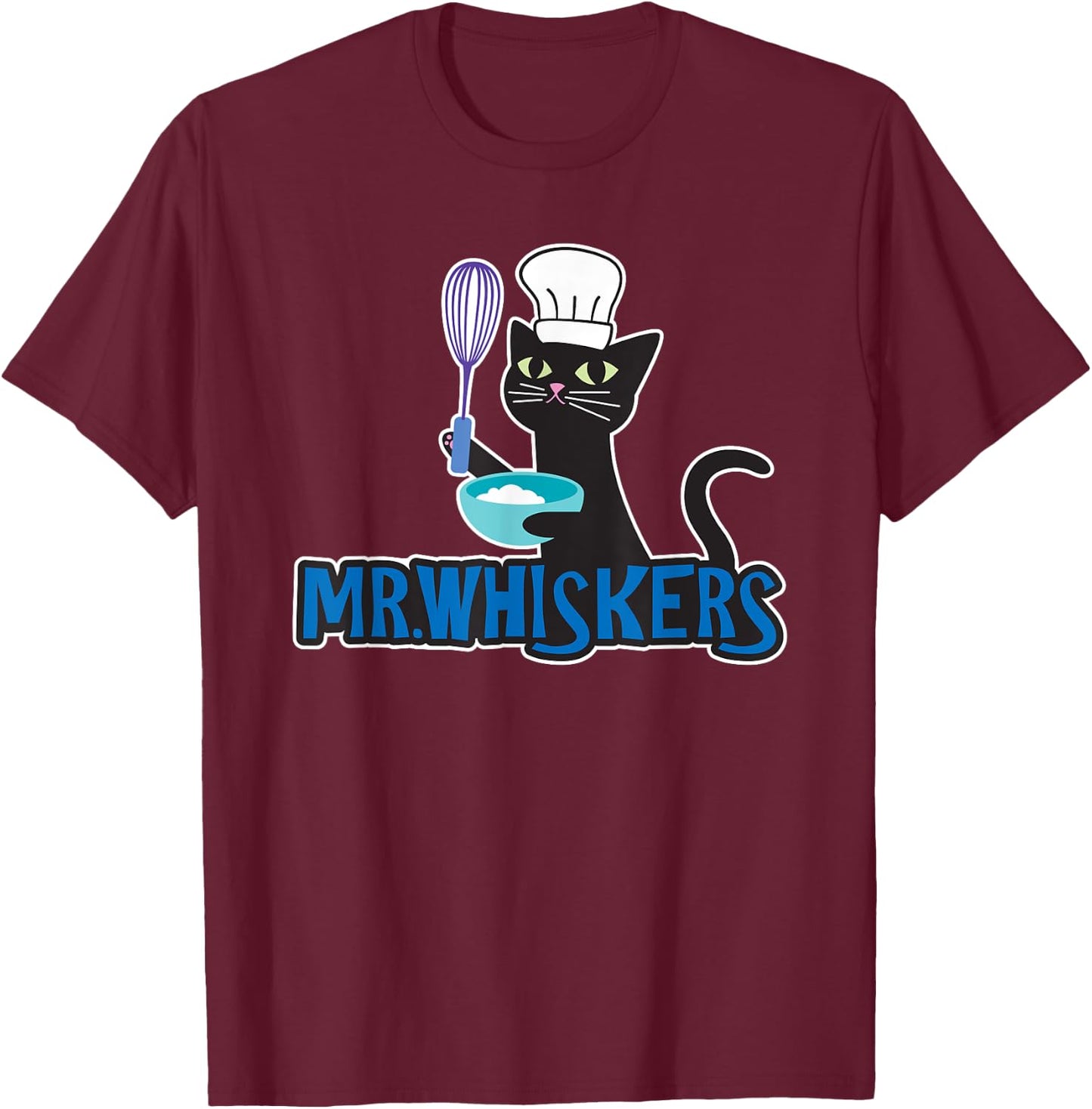 Mr. Whiskers Cute Cartoon Chef Cat T-Shirt - T-Shirt | Maroon