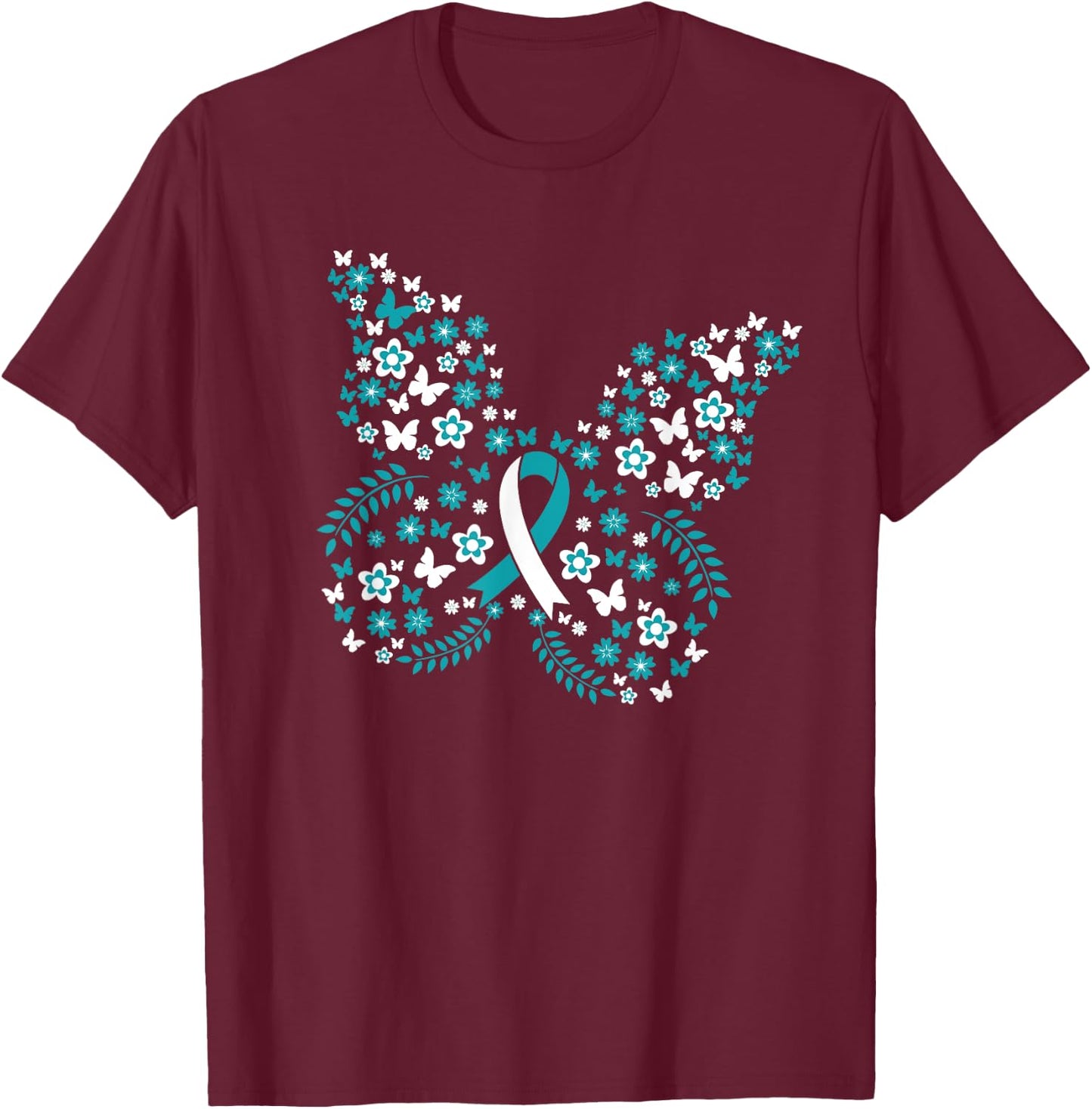 Flower Butterfly Cervical Cancer Awareness Ribbon Gifts T-Shirt - T-Shirt | Maroon