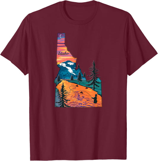 Vintage Fish Idaho State Map ID Fly Fishing T-Shirt - T-Shirt | Maroon