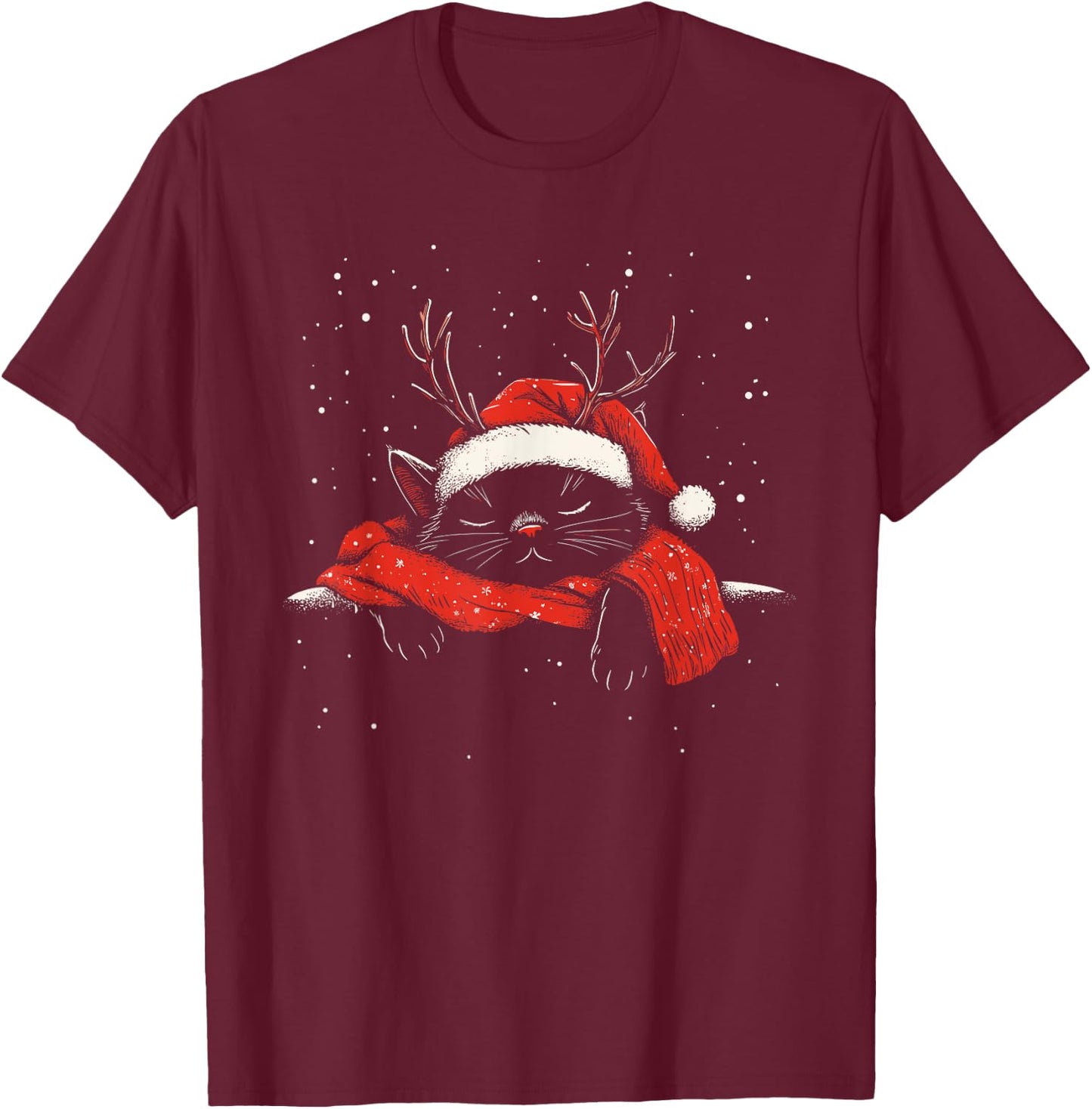 Black Cat Antlers Santa Hat Christmas Xmas Kitten Men Women T-Shirt - T-Shirt | Maroon