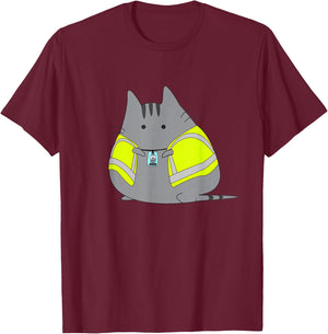 Chubby Kitten Wearing Safety Vest Funny T-Shirt - T-Shirt | Maroon