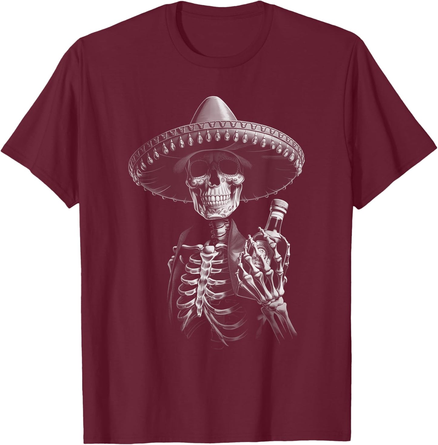 Vintage Mariachi Skeleton Charro Mexican Tequila Party T-Shirt - T-Shirt | Maroon