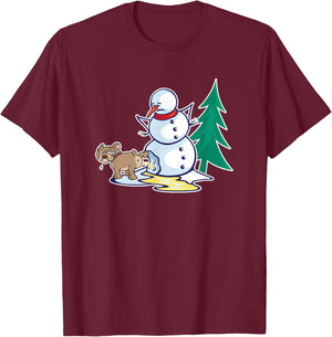 Funny Christmas Dog Peeing on Snowman Winter T-Shirt - T-Shirt | Maroon