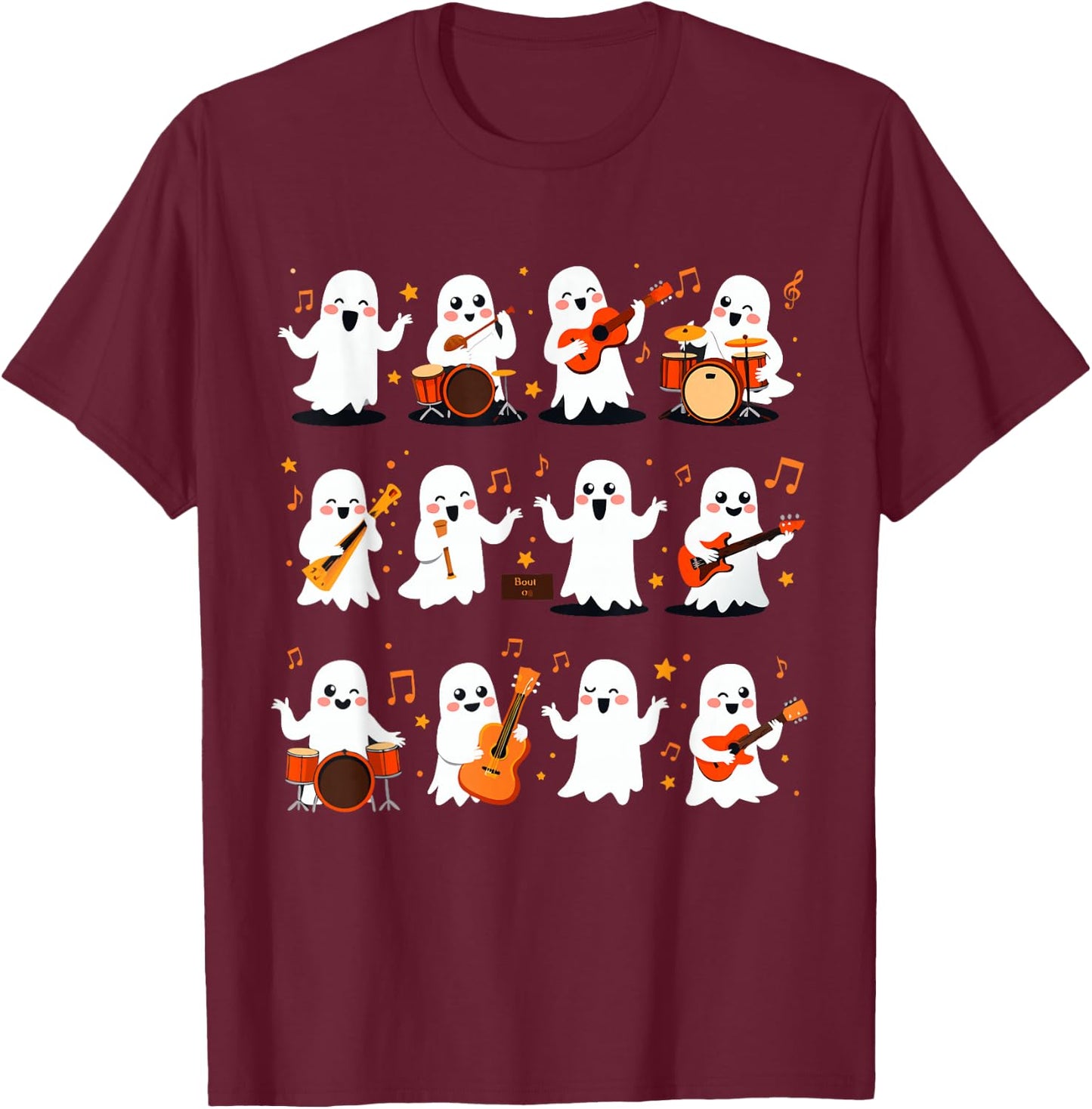 Halloween Ghost Music Teacher Playing Instruments T-Shirt - T-Shirt | Maroon