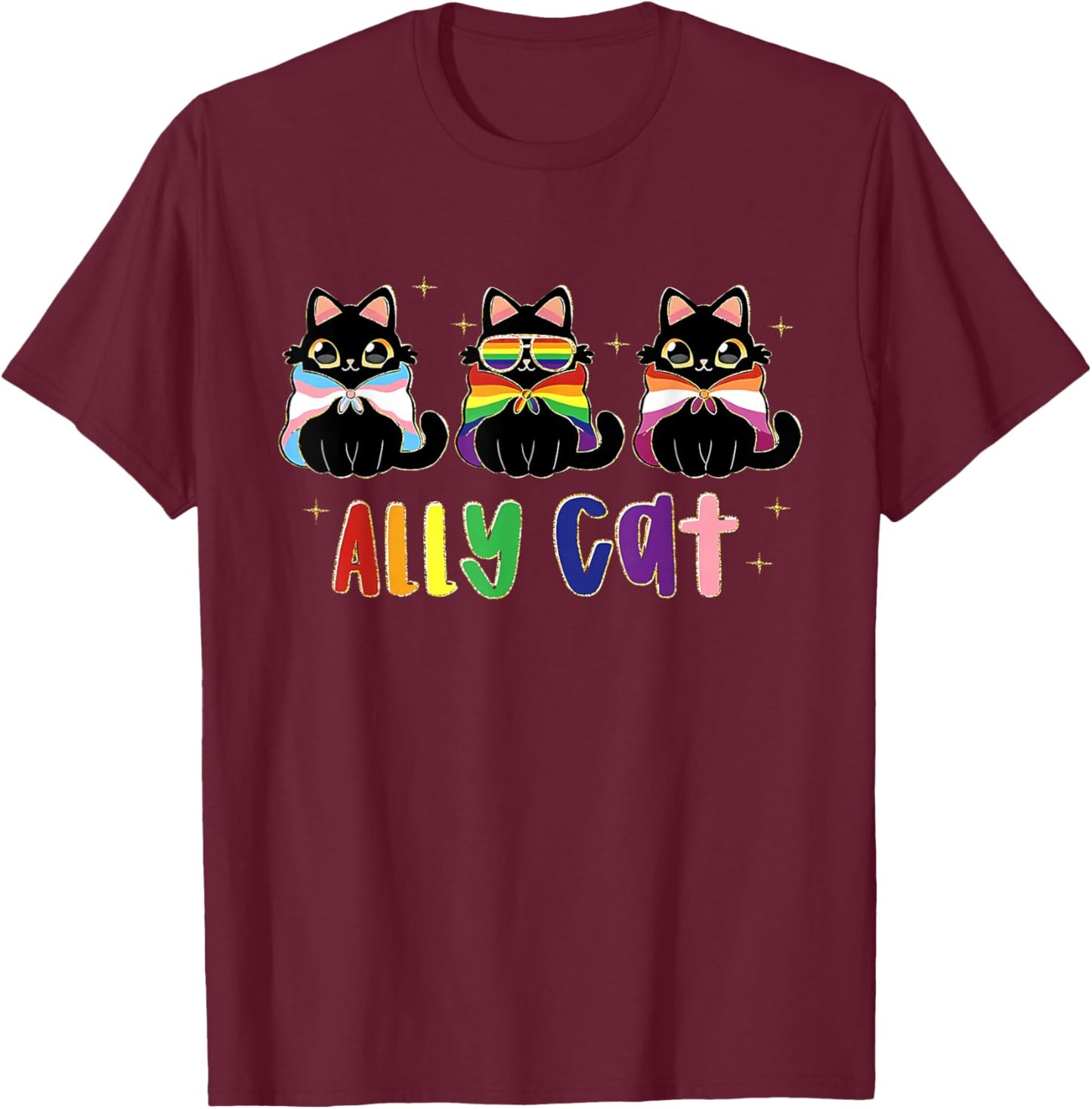Gay Pride Month Ally Cat Funny LGBTQ Rainbow Men Women Kids T-Shirt - T-Shirt | Maroon