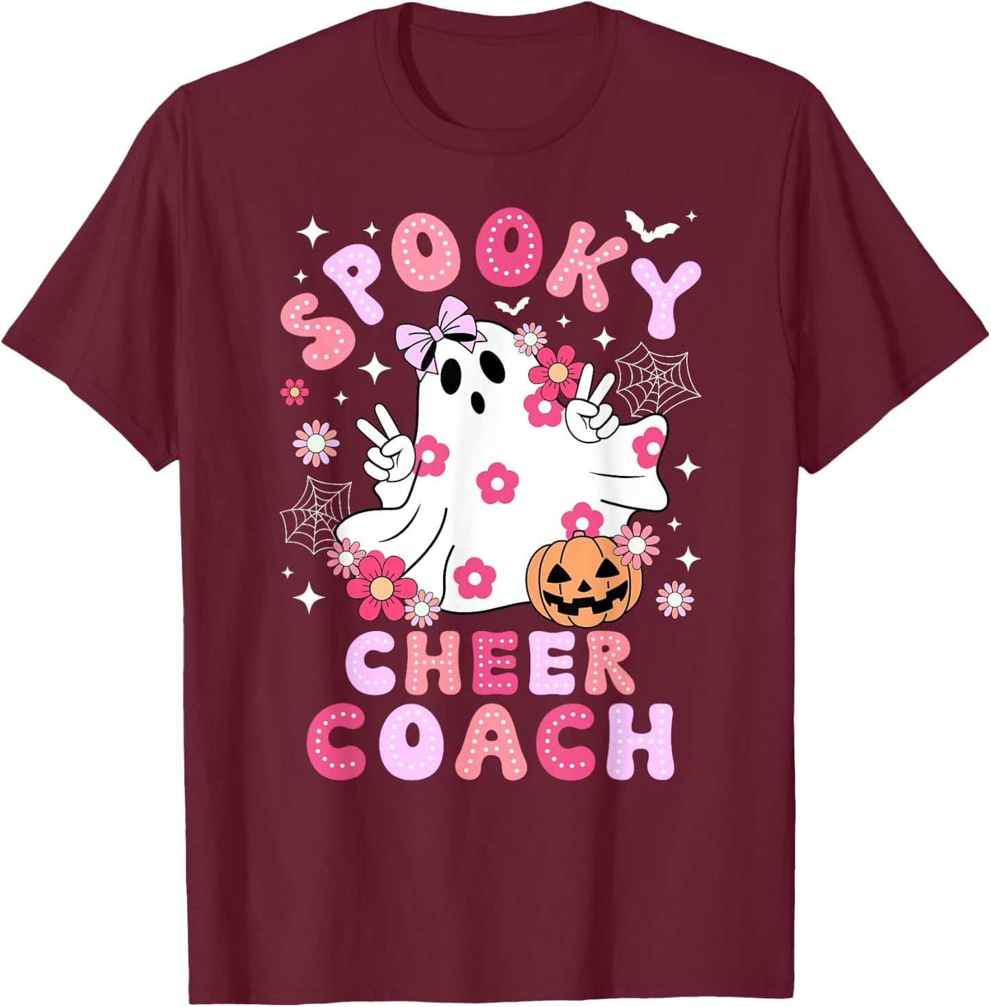 Spooky Cheer Coach Halloween Cheerleading Coach Groovy T-Shirt - T-Shirt | Maroon