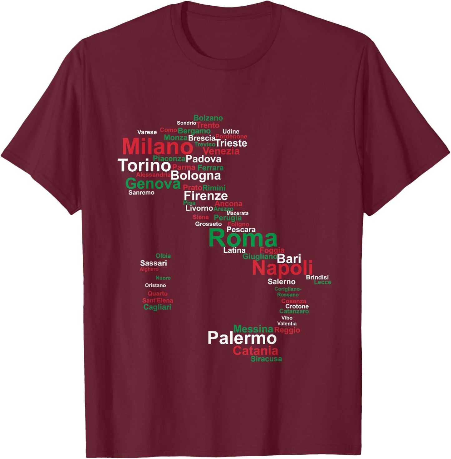 Italy Map Silhouette Flag Towns Cities Rome Travel Europe T-Shirt - T-Shirt | Maroon