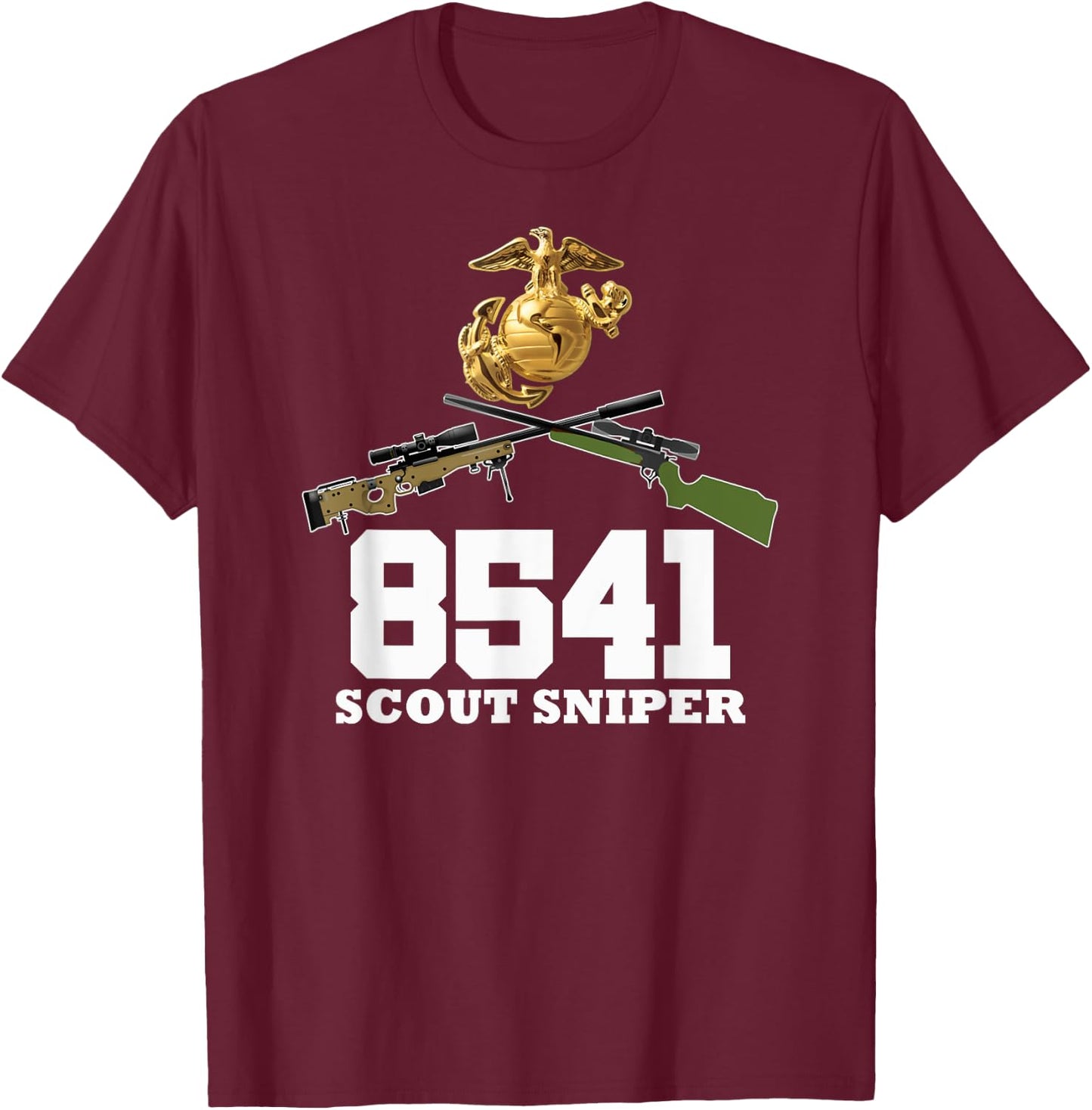 Eagle Globe Anchor 8541 MOS Sniper One Shot One Kill T shirt T-Shirt - T-Shirt | Maroon