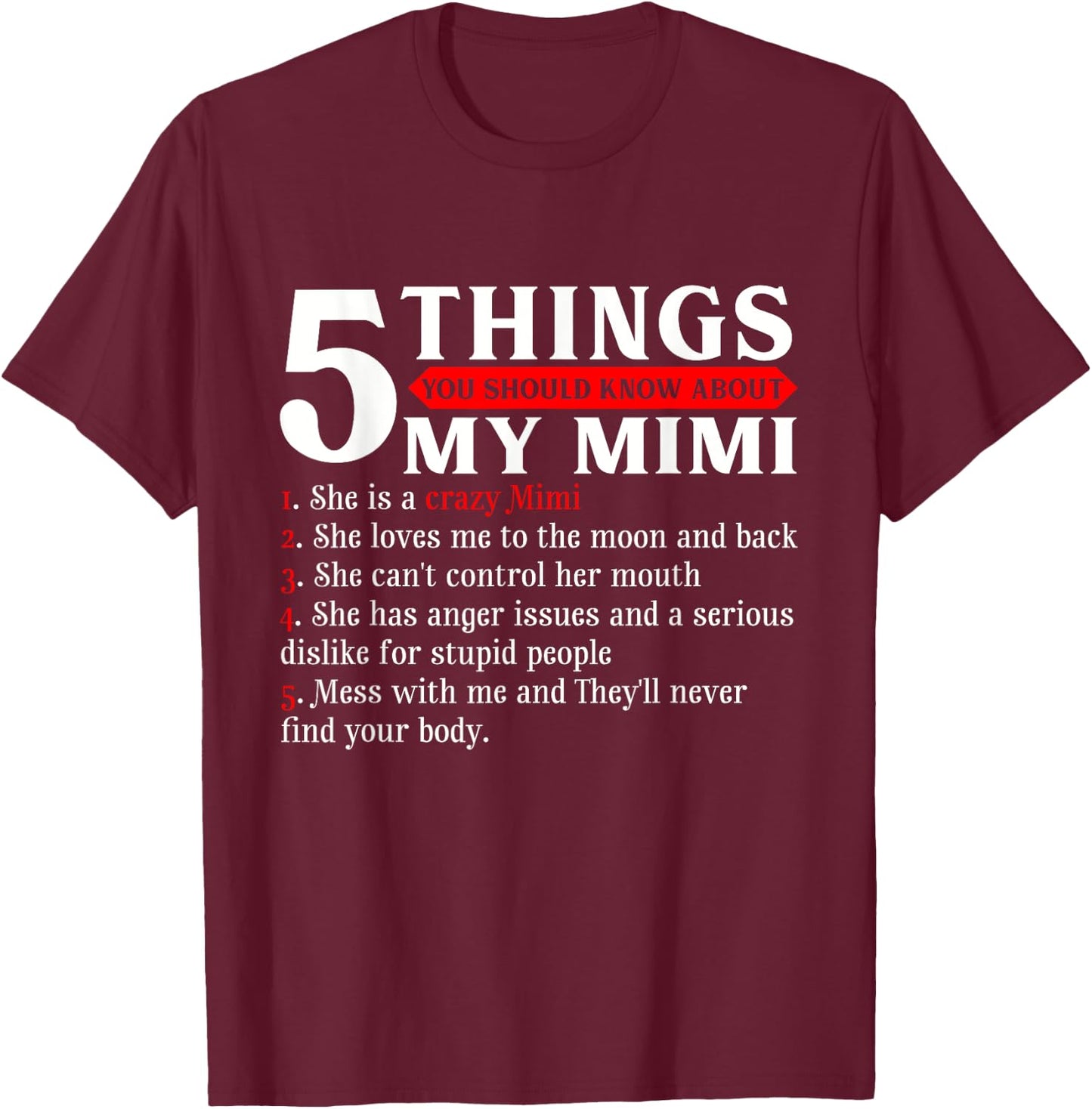 5 Things You Should Know About My Mimi Mother's Day T-Shirt - T-Shirt | Maroon