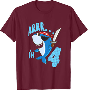 Kids 4th Birthday Gift Boys Shark Pirate 4 Years T-Shirt - T-Shirt | Maroon