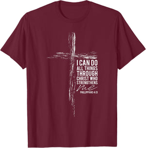 Philippians 4:13 Cross Christian Bible Verse Religious Faith T-Shirt - T-Shirt | Maroon